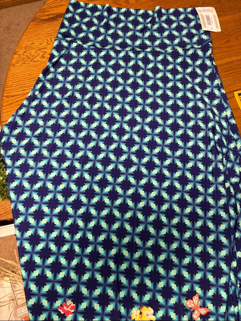 LuLaRoe Maxi Skirt in Navy and Teal Geometric Print